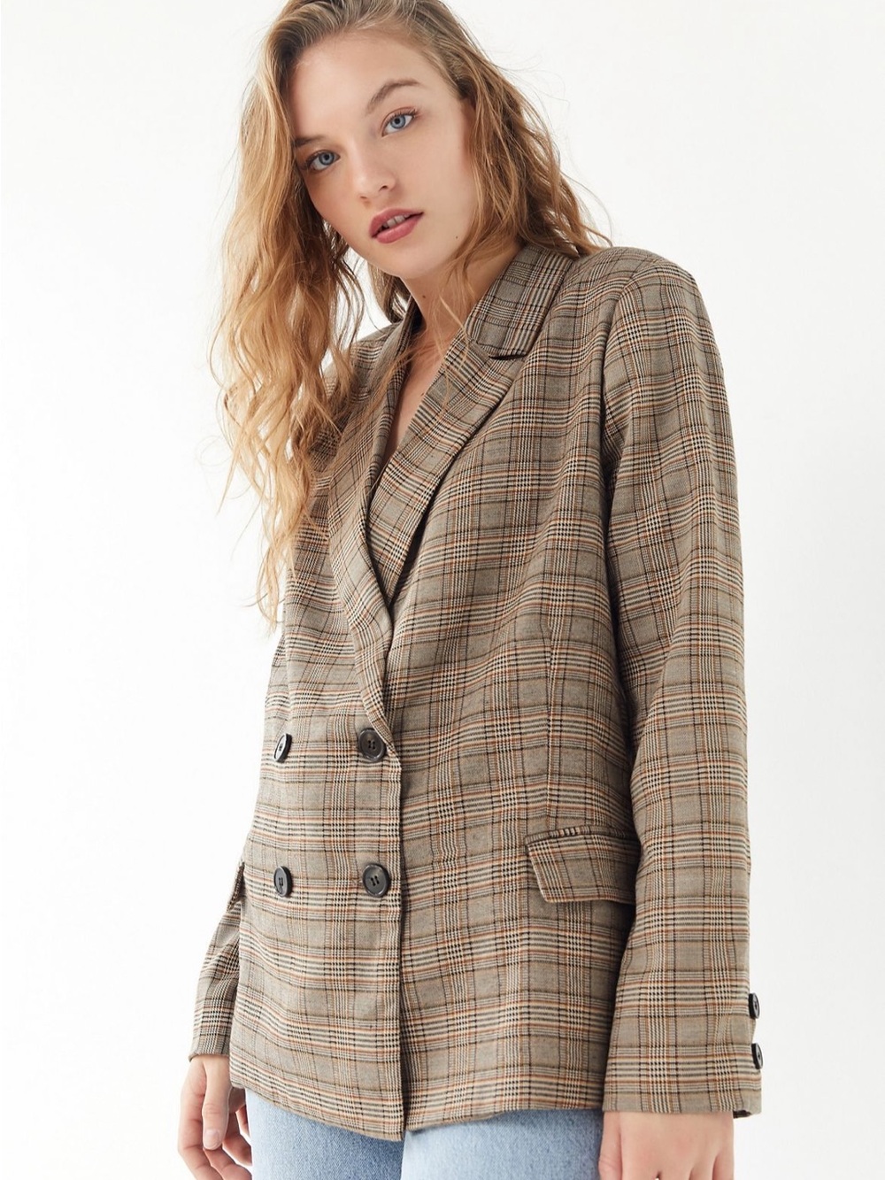 Urban Outfitters Brown Plaid Double-Breasted Blazer